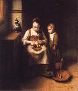 Nicolas Maes A Woman Scraping Parsnips,with a Child Standing by Her Spain oil painting artist